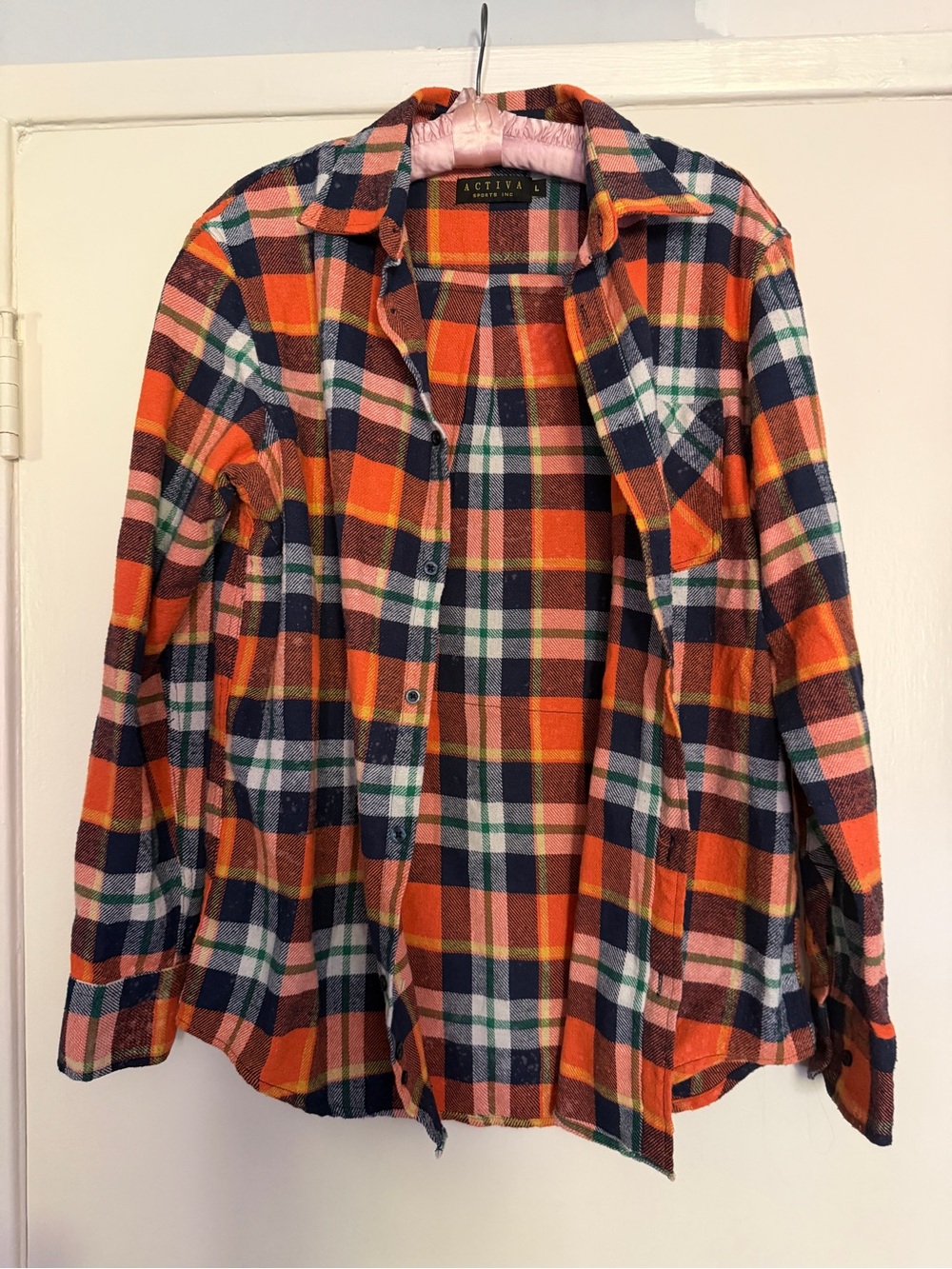 Up cycled Activa Orange Navy Plaid Flannel Shirt with Sublime emblem